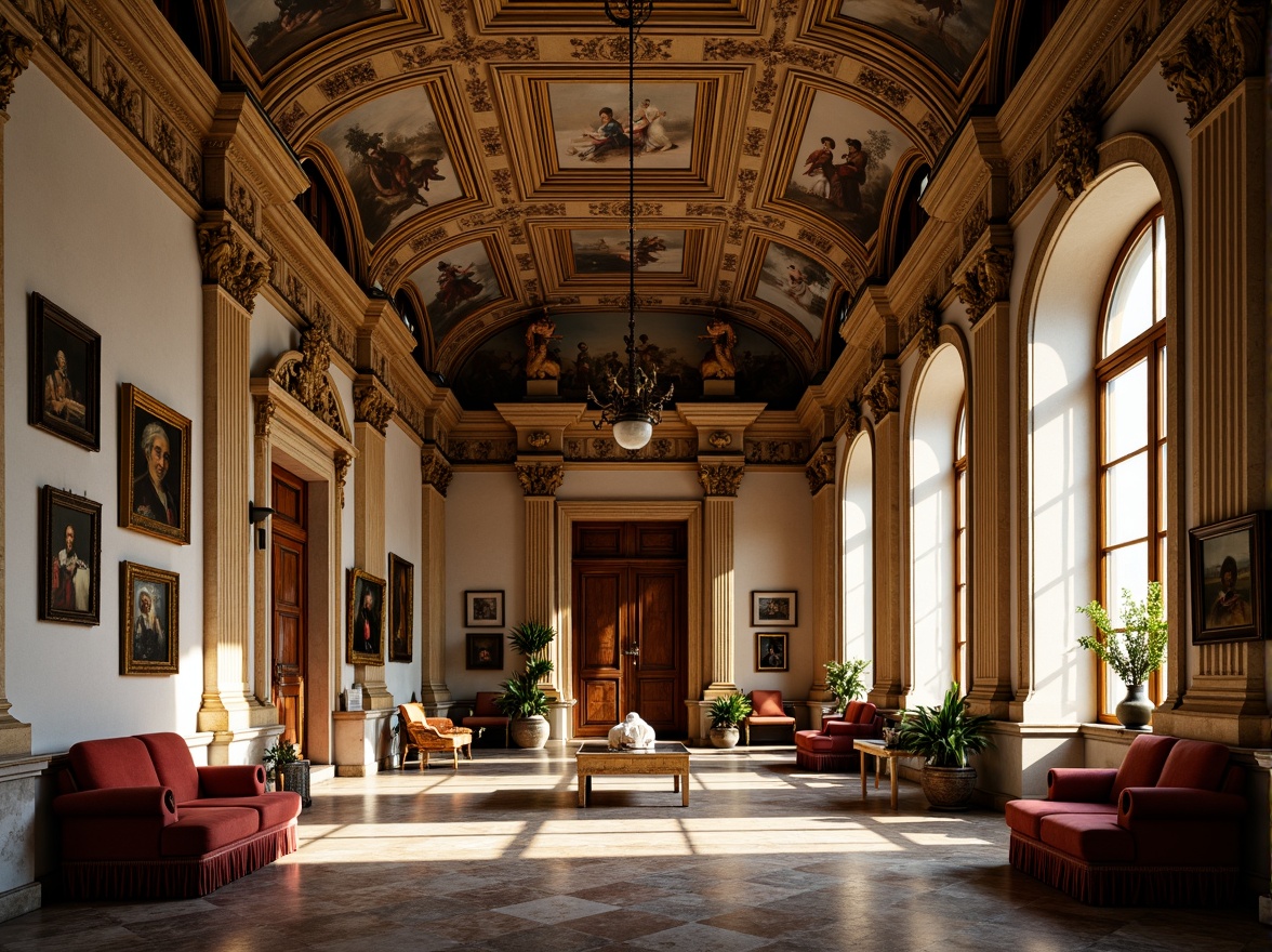 Prompt: Ornate Baroque palace, grandiose high ceilings, intricate plaster moldings, ornamental frescoes, gilded details, marble columns, Tuscan arches, rusticated quoins, carved wooden doors, polished stone floors, dramatic chiaroscuro lighting, warm golden tones, richly textured fabrics, lavish furnishings, 1/2 composition, symmetrical framing, soft focus effect, realistic material rendering.