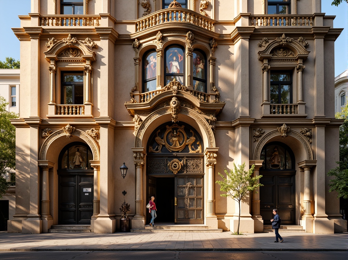 Prompt: Ornate church facade, intricately carved stone walls, gilded details, ornamental columns, grand entranceways, rusticated quoins, weathered limestone, aged bronze doors, stained glass windows, vibrant frescoes, decorative pediments, sculpted saints, lavish ornamentation, warm golden lighting, dramatic shadows, high contrast ratio, 1/2 composition, symmetrical framing, realistic normal maps.