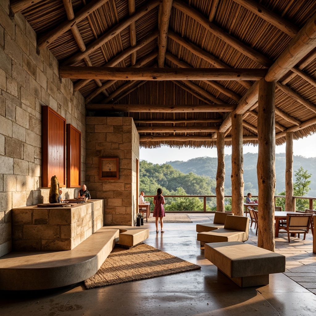 Prompt: Rustic visitor center, earthy tones, natural stone walls, wooden accents, thatched roofs, local craftsmanship, traditional building techniques, earthen floors, woven bamboo ceilings, reclaimed wood furniture, earthy color palette, warm soft lighting, shallow depth of field, 1/1 composition, intimate scale, organic forms, regional character, cultural heritage, immersive experience, interactive exhibits, educational displays, panoramic views, surrounding landscape integration.