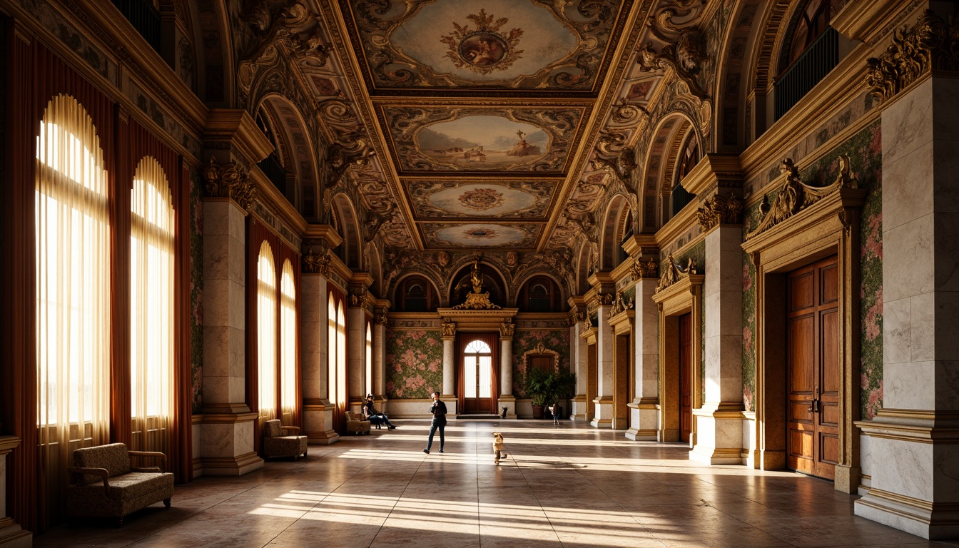 Prompt: Ornate Baroque palace, grandiose high ceilings, intricate plaster moldings, ornamental frescoes, gilded details, marble columns, Tuscan arches, rusticated quoins, carved wooden doors, polished stone floors, dramatic chiaroscuro lighting, warm golden tones, richly textured fabrics, lavish furnishings, 1/2 composition, symmetrical framing, soft focus effect, realistic material rendering.