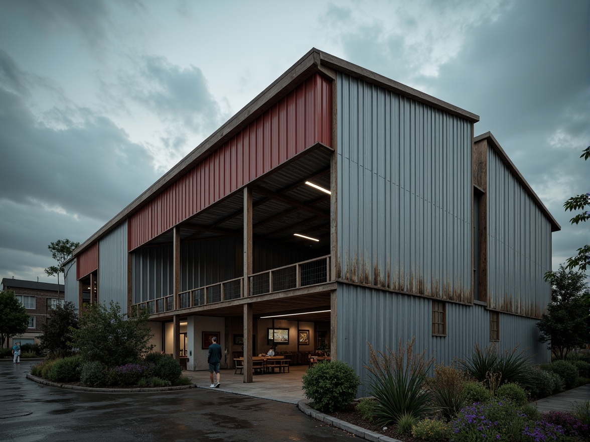 Prompt: Industrial warehouse, galvanized steel structure, corrugated metal sheets, rustic aesthetic, distressed finishes, urban landscape, cloudy sky, dramatic lighting, high contrast, shallow depth of field, 1/2 composition, realistic textures, ambient occlusion.