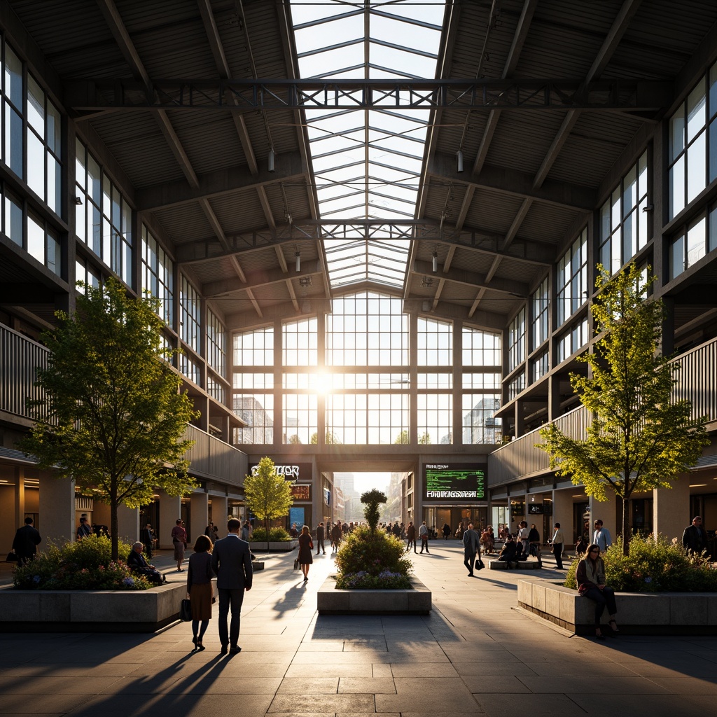 Prompt: Grand train station, high ceilings, large windows, natural light pouring in, steel beams, industrial architecture, modern design, urban atmosphere, busy commuters, rush hour scene, soft warm lighting, shallow depth of field, 1/1 composition, realistic textures, ambient occlusion, glass roofs, skylights, clerestory windows, open spaces, pedestrian walkways, public art installations, urban furniture, greenery, plants, trees.