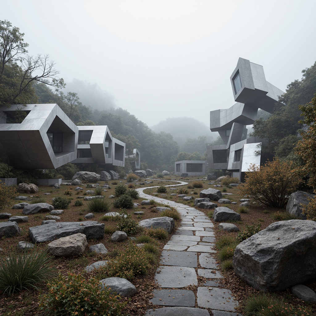 Prompt: Fragmented landscape, rocky outcrops, meandering paths, abstract sculptures, deconstructed buildings, irregular forms, fractured lines, dynamic volumes, cantilevered structures, reflective surfaces, metallic materials, bold color contrasts, dramatic lighting effects, misty atmosphere, shallow depth of field, 1/1 composition, panoramic view, realistic textures, ambient occlusion.