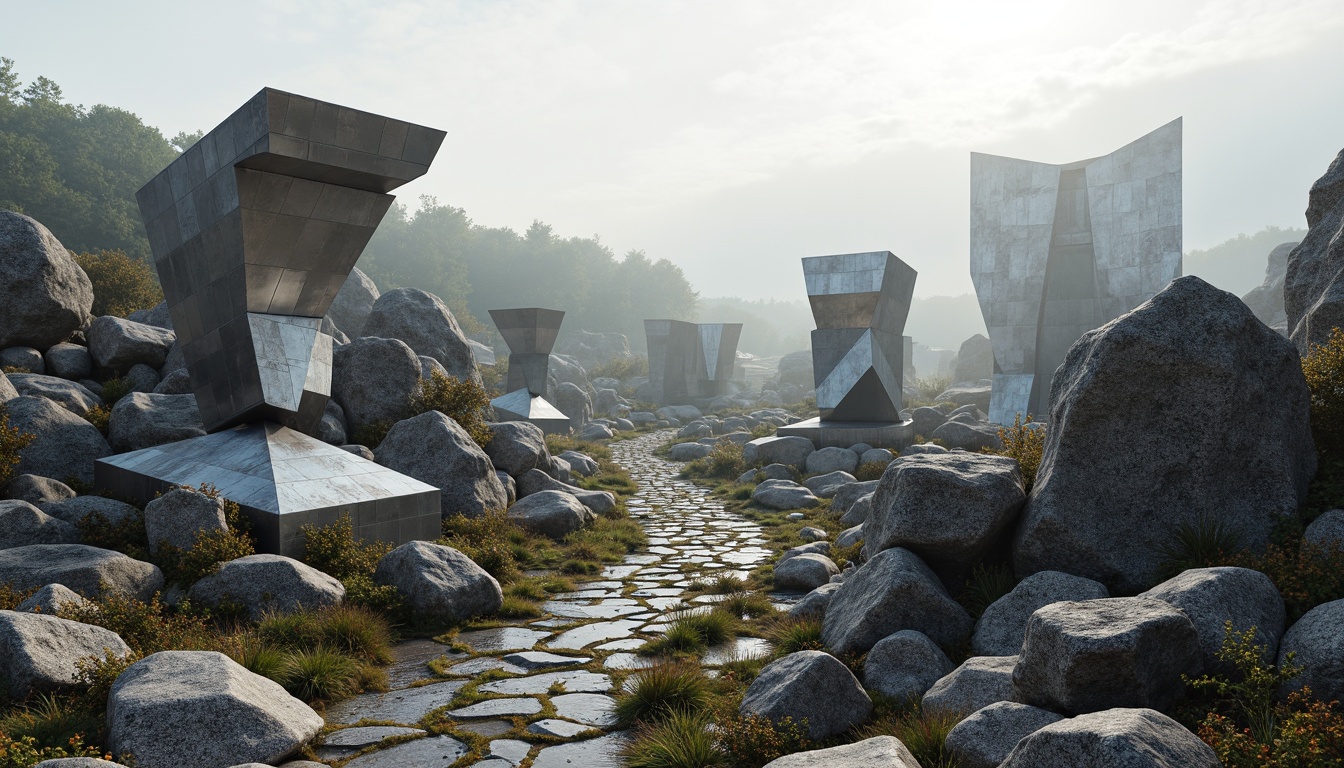 Prompt: Fragmented landscape, rocky outcrops, meandering paths, abstract sculptures, deconstructed buildings, irregular forms, fractured lines, dynamic volumes, cantilevered structures, reflective surfaces, metallic materials, bold color contrasts, dramatic lighting effects, misty atmosphere, shallow depth of field, 1/1 composition, panoramic view, realistic textures, ambient occlusion.