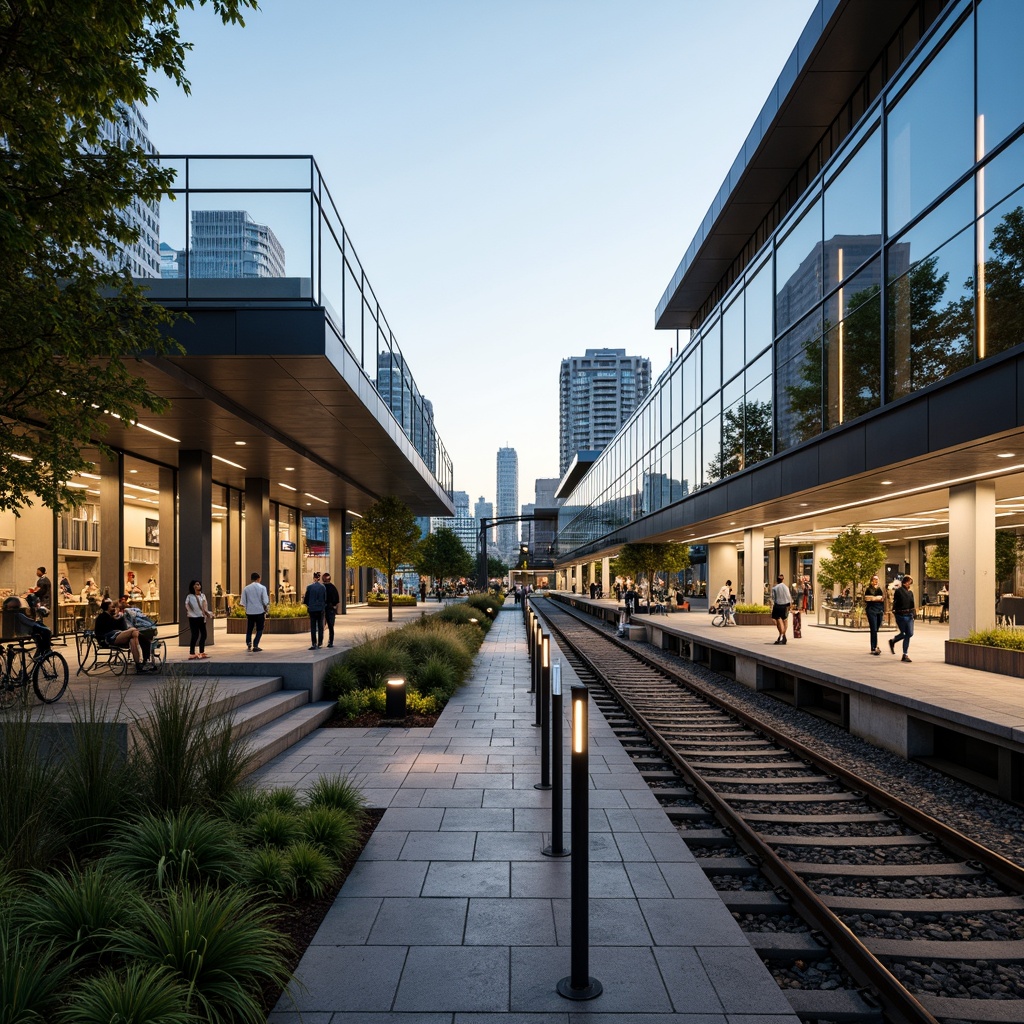 Prompt: Modern train station, sleek glass roofs, rainwater harvesting systems, green walls, lush vegetation, natural stone flooring, stainless steel handrails, LED lighting, energy-efficient systems, water conservation measures, grey water reuse, flood-resistant design, elevated platforms, cantilevered canopies, transparent glass fa\u00e7ades, urban landscape views, bustling city atmosphere, soft warm lighting, shallow depth of field, 3/4 composition, panoramic view, realistic textures, ambient occlusion.