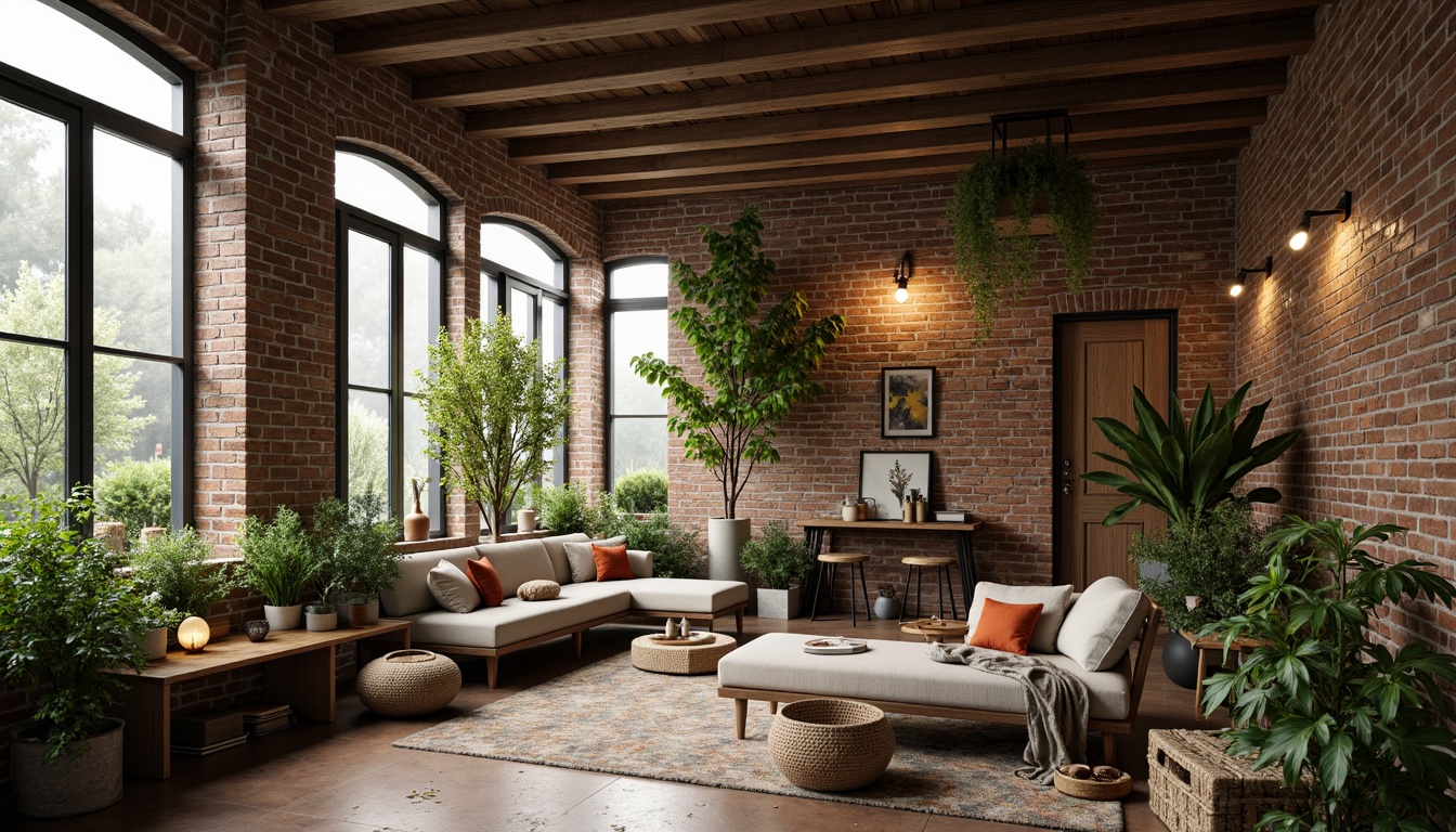 Prompt: Exposed brick walls, reclaimed wood accents, industrial metal beams, vintage decorative items, lush greenery, natural textiles, earthy color palette, soft warm lighting, cozy intimate spaces, minimalist decor, eco-friendly materials, rainwater harvesting systems, solar panels, green roofs, living walls, urban garden views, misty morning atmosphere, shallow depth of field, 1/1 composition, realistic textures, ambient occlusion.