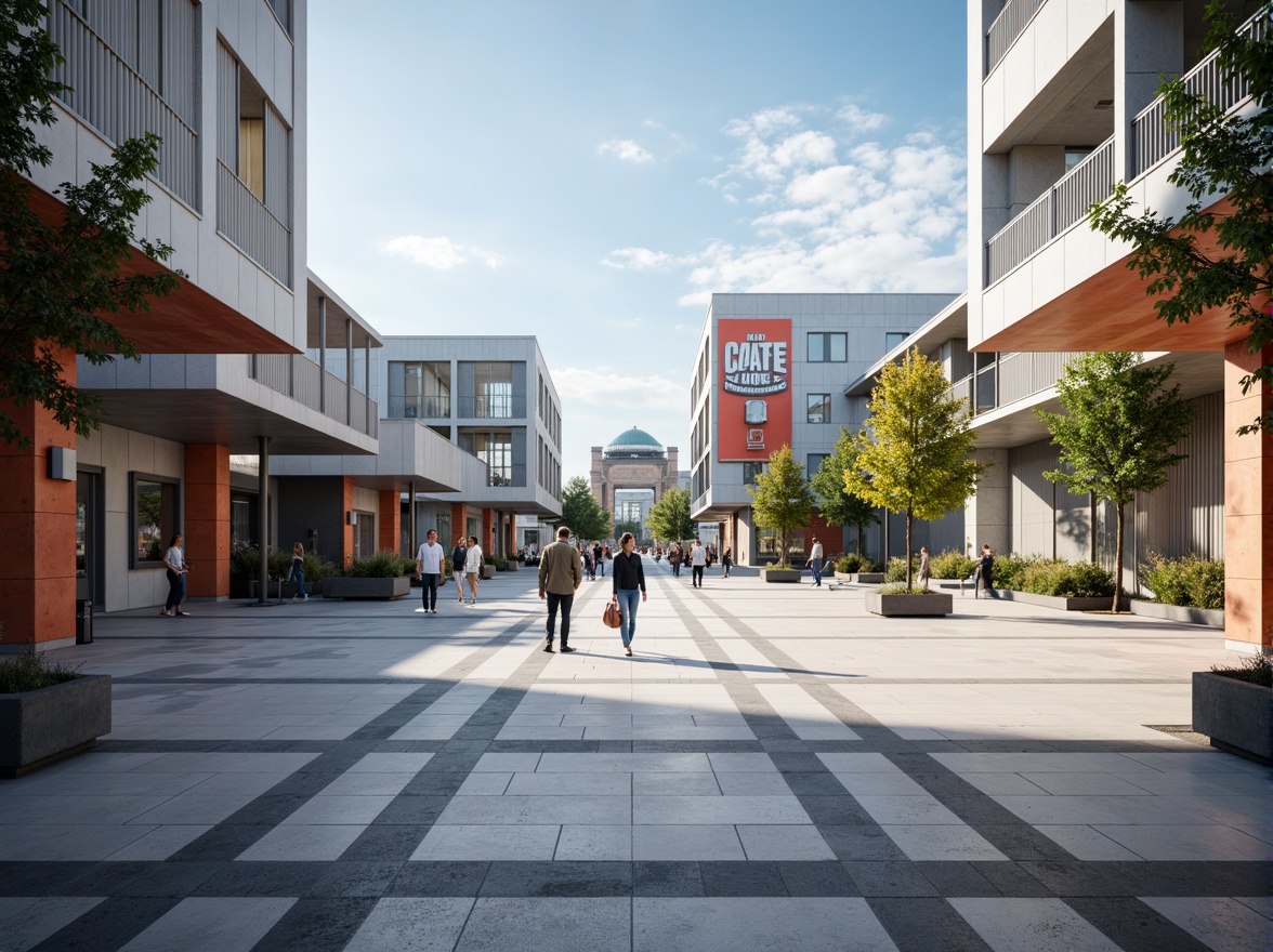 Prompt: Minimalist open plaza, clean lines, rectangular shapes, industrial materials, exposed ductwork, functional simplicity, bold typography, primary color accents, geometric patterns, urban landscape, modern cityscape, sunny day, high contrast lighting, deep depth of field, 1/1 composition, symmetrical framing, abstract textures, ambient occlusion.