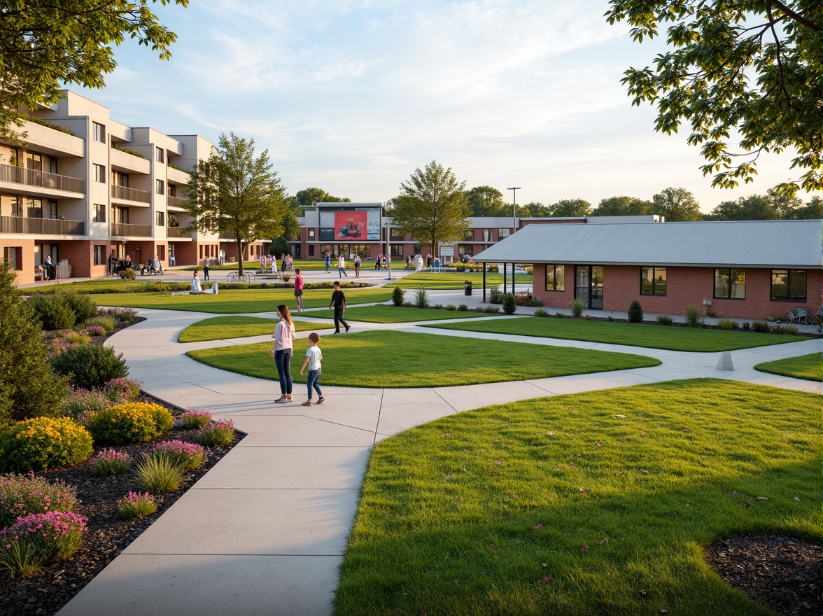 Prompt: Suburban high school campus, lush green lawns, vibrant flower beds, meandering walkways, modern educational facilities, sleek metal buildings, large windows, glass doors, blooming trees, sunny day, soft warm lighting, shallow depth of field, 3/4 composition, panoramic view, realistic textures, ambient occlusion, outdoor seating areas, educational signage, bike racks, parking lots, athletic fields, sports equipment, scoreboard, stadium seating, natural stone walls, wooden benches, ornamental plants, seasonal flower arrangements.