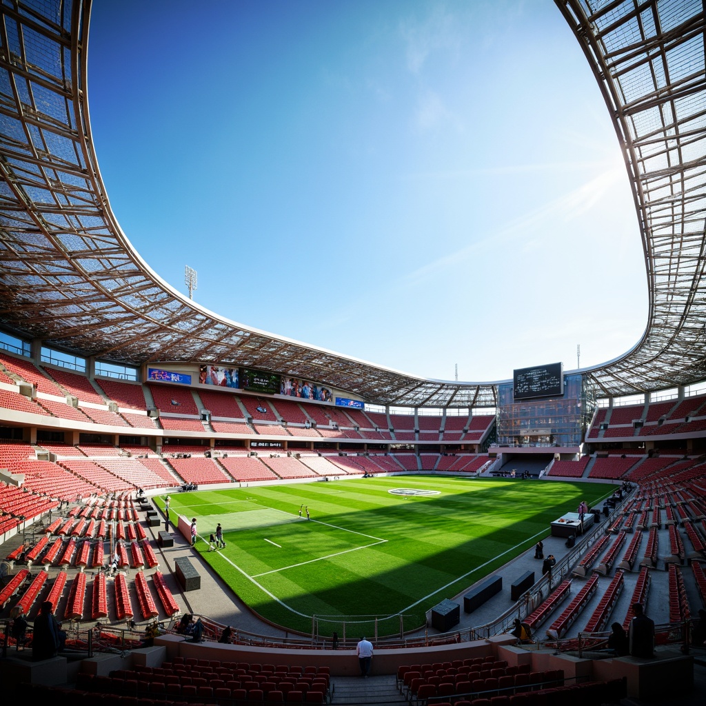 Prompt: Streamlined soccer stadium, curved lines, aerodynamic shapes, vibrant team colors, tiered seating arrangement, comfortable cushioned chairs, ample legroom, ergonomic design, sleek metal railings, transparent glass barriers, modern LED scoreboards, dynamic lighting systems, lush green grass, sunny day, shallow depth of field, 3/4 composition, panoramic view, realistic textures, ambient occlusion.