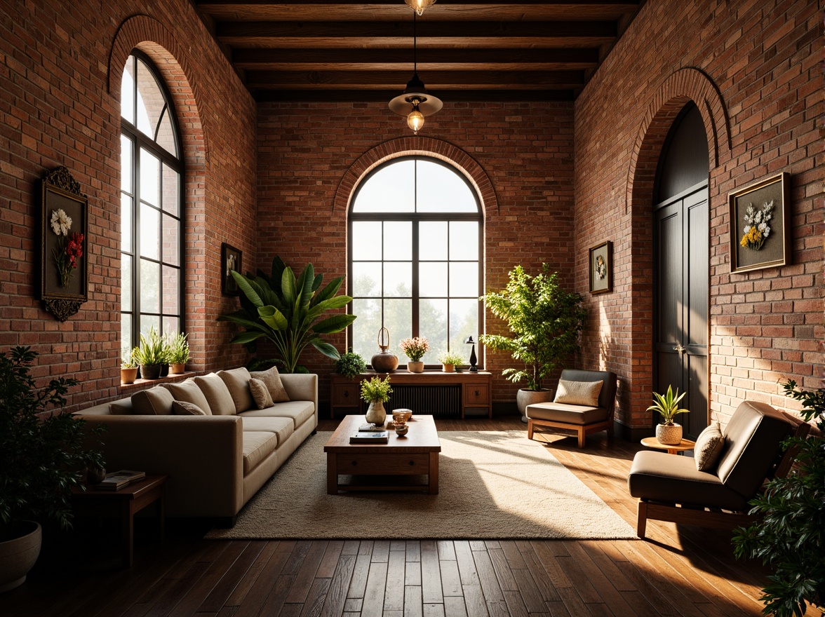 Prompt: Exposed brick walls, industrial metal beams, reclaimed wood accents, vintage decorative elements, soft warm lighting, cozy intimate atmosphere, romantic ambiance, eclectic mix of antique and modern furniture, lush greenery, potted plants, natural textiles, earthy color palette, distressed finishes, ornate metalwork, grand windows, arched doorways, rustic wooden floors, plush area rugs, dramatic ceiling heights, atmospheric misting, warm golden lighting, 1/1 composition, shallow depth of field, realistic textures, ambient occlusion.