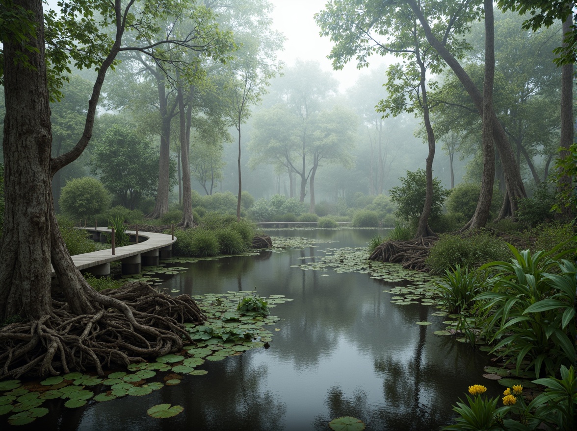 Prompt: Misty wetlands, lush vegetation, twisted mangrove roots, murky waters, wooden boardwalks, observation decks, bird-watching platforms, native aquatic plants, water lilies, cattails, rushes, sedges, natural stone pathways, meandering streams, serene atmosphere, soft diffused lighting, shallow depth of field, 1/1 composition, realistic textures, ambient occlusion.