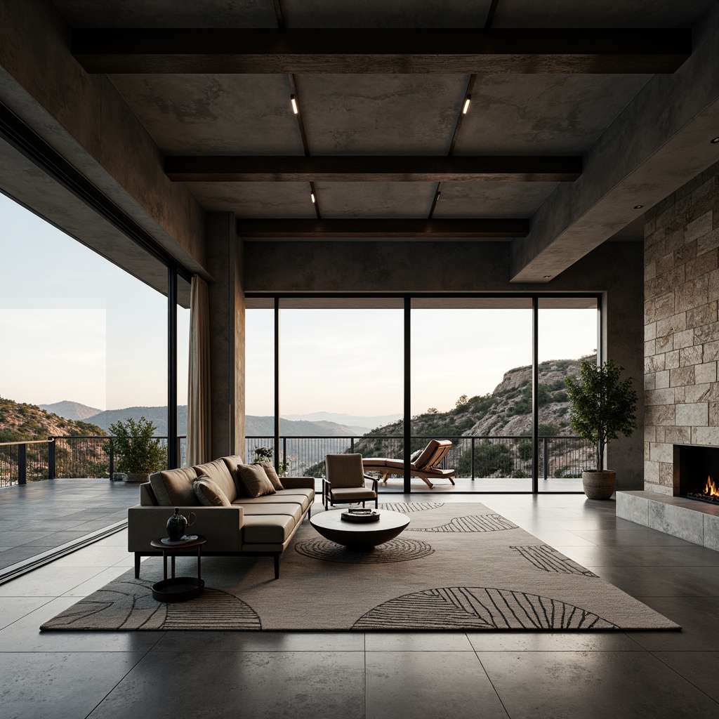 Prompt: Canyon-inspired modernist building interior, open-plan living space, minimalist decor, sleek low-profile furniture, polished concrete floors, industrial-style metal beams, floor-to-ceiling windows, panoramic canyon views, natural stone accent walls, geometric patterned rugs, monochromatic color scheme, ambient soft lighting, 1/1 composition, shallow depth of field, realistic textures, subtle shadows.