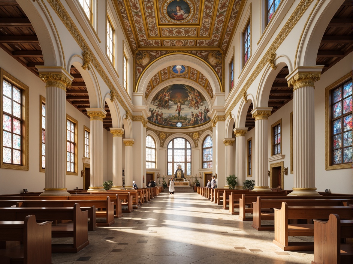 Prompt: Majestic neoclassical church, grandiose columns, ornate details, soft cream walls, rich gold accents, warm beige marble floors, stained glass windows, vibrant blue and red hues, intricate frescoes, high ceilings, dramatic archways, symmetrical composition, natural light pouring in, subtle shadows, realistic textures, ambient occlusion.