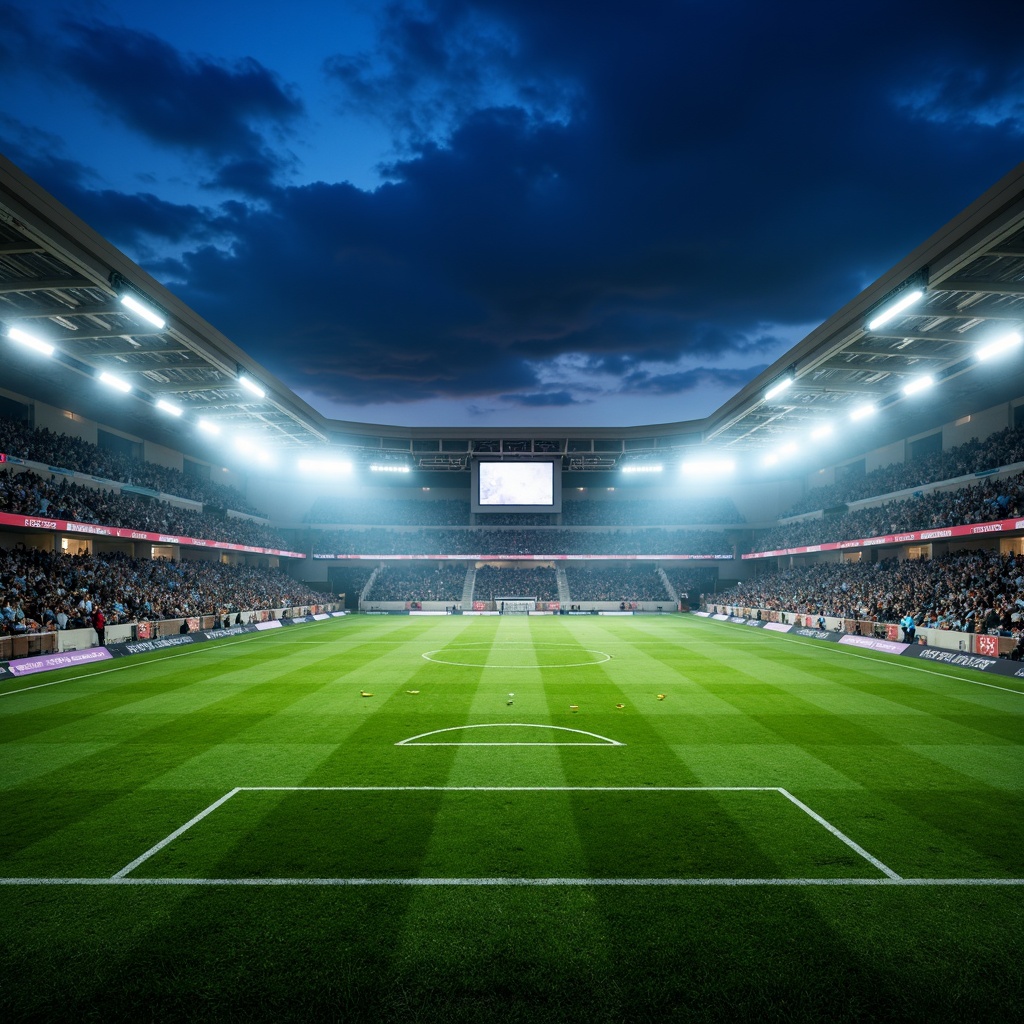 Prompt: Floodlit soccer stadium, vibrant green grass, evening atmosphere, dramatic shadows, high-intensity LED lights, uniform illumination, 3000K warm white tone, glare-free lighting, spectator seating areas, player tunnels, goalposts, scoreboards, giant video screens, dynamic light shows, pre-game entertainment, halftime performances, nighttime events, atmospheric fog effects, misty ambiance, shallow depth of field, 1/2 composition, wide-angle lens, realistic textures, ambient occlusion.