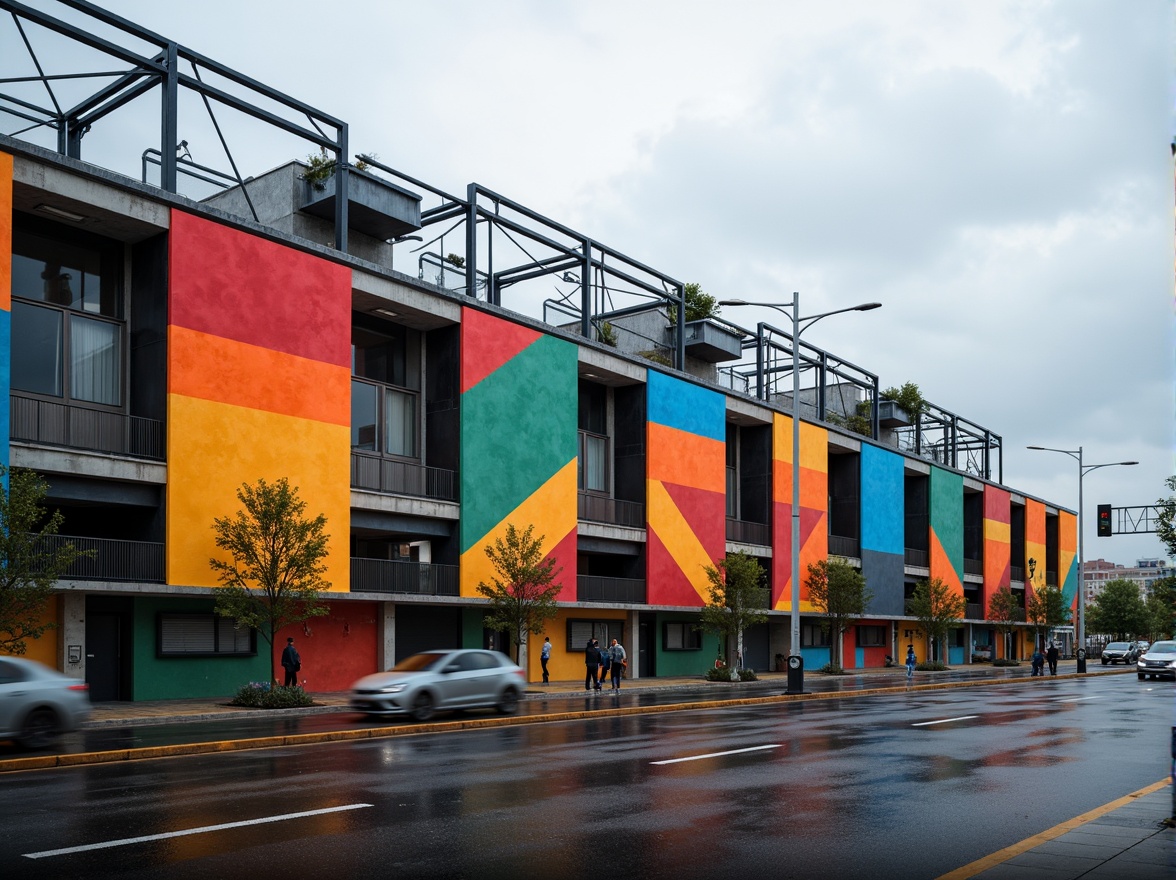 Prompt: Geometric stadium facade, bold primary colors, industrial materials, exposed steel beams, cantilevered roofs, asymmetrical compositions, functionalist aesthetics, minimalist ornamentation, rectangular forms, clean lines, brutalist influences, urban landscape, cloudy sky, dramatic lighting, high-contrast shadows, 1/2 composition, low-angle shot, realistic renderings, ambient occlusion.