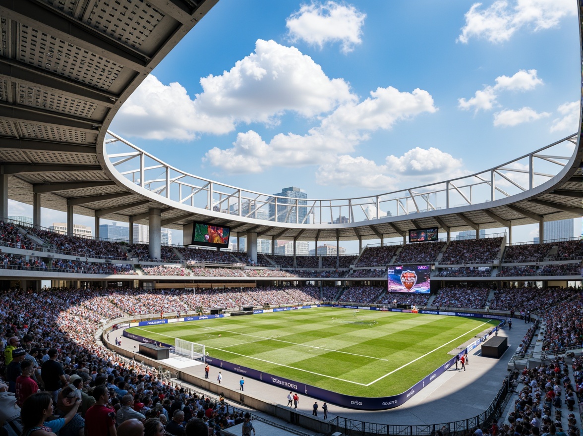 Prompt: Modern stadium architecture, perforated metal panels, sleek curved lines, cantilevered roofs, vibrant LED lighting, bustling crowd atmosphere, urban cityscape backdrop, sunny day with fluffy clouds, shallow depth of field, 1/2 composition, realistic reflections, ambient occlusion, natural stone flooring, polished concrete walls, dynamic sports equipment, athletic tracks, goalposts, scoreboards, spectator seating areas, VIP lounges, concession stands, modern amenities, sustainable building materials, energy-efficient systems.