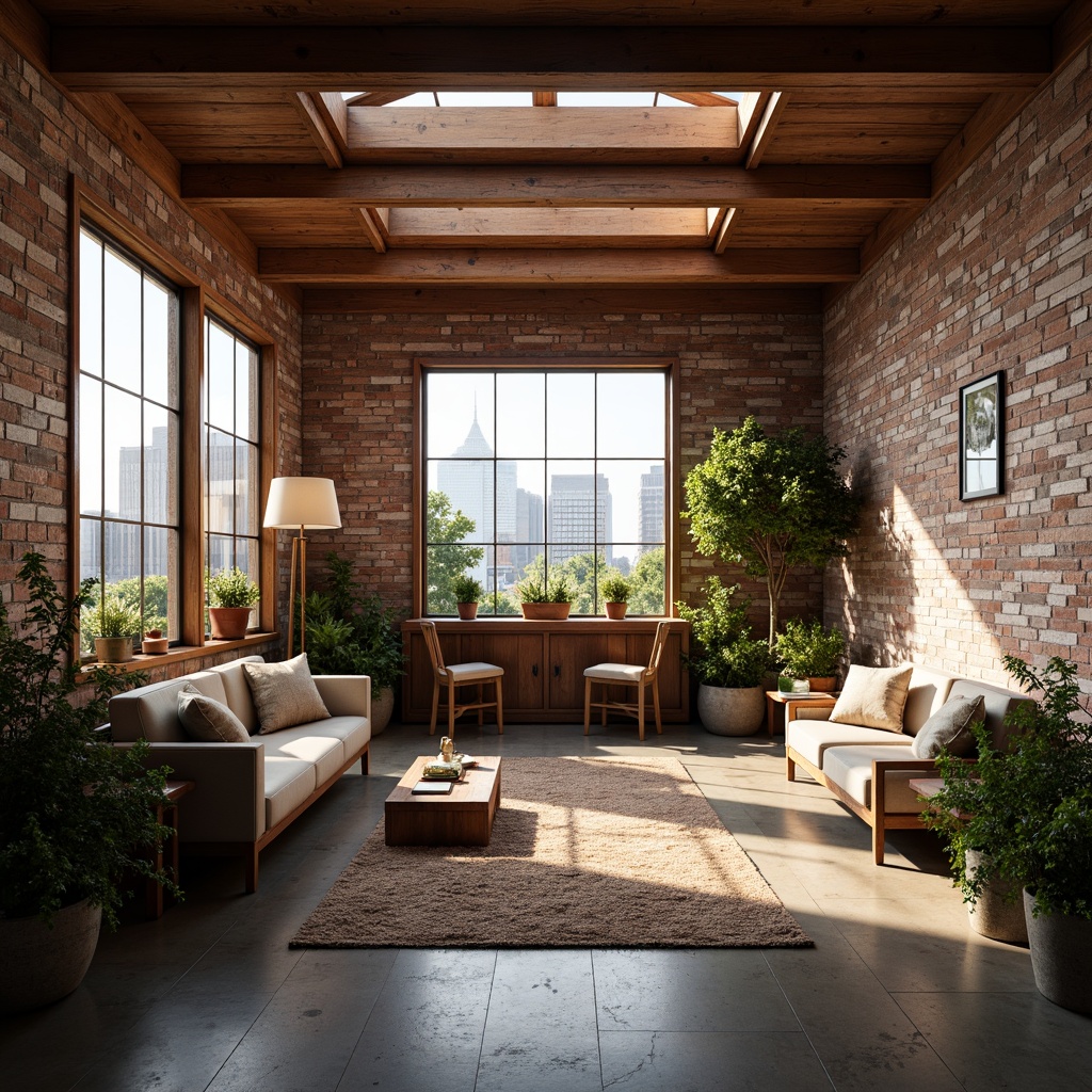 Prompt: Exposed brick walls, wooden beam ceilings, industrial chic decor, romantic ambiance, soft warm lighting, large windows, skylights, clerestory windows, natural stone floors, reclaimed wood accents, minimalist furniture, plush area rugs, cozy reading nooks, vintage decorative items, earthy color palette, lush greenery, potted plants, urban cityscape views, sunny day, shallow depth of field, 3/4 composition, panoramic view, realistic textures, ambient occlusion.