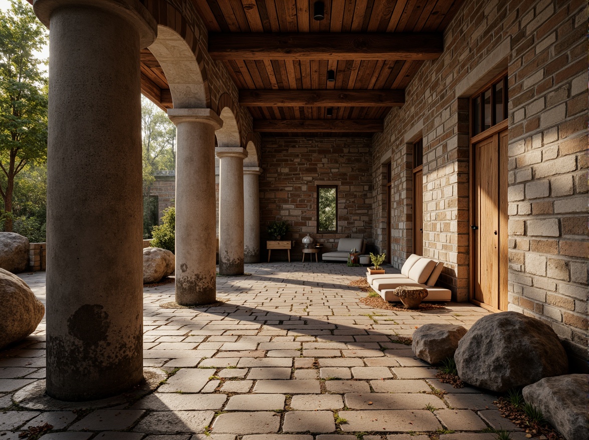 Prompt: Rustic stone walls, weathered wooden planks, rough-hewn concrete columns, tactile brick facades, ornate metalwork details, intricate stonework patterns, natural rock formations, earthy tones, organic shapes, curved lines, asymmetrical compositions, warm ambient lighting, soft shadows, high-contrast textures, realistic material renderings, detailed normal maps, subtle bump mapping, cinematic camera angles, dramatic depth of field.