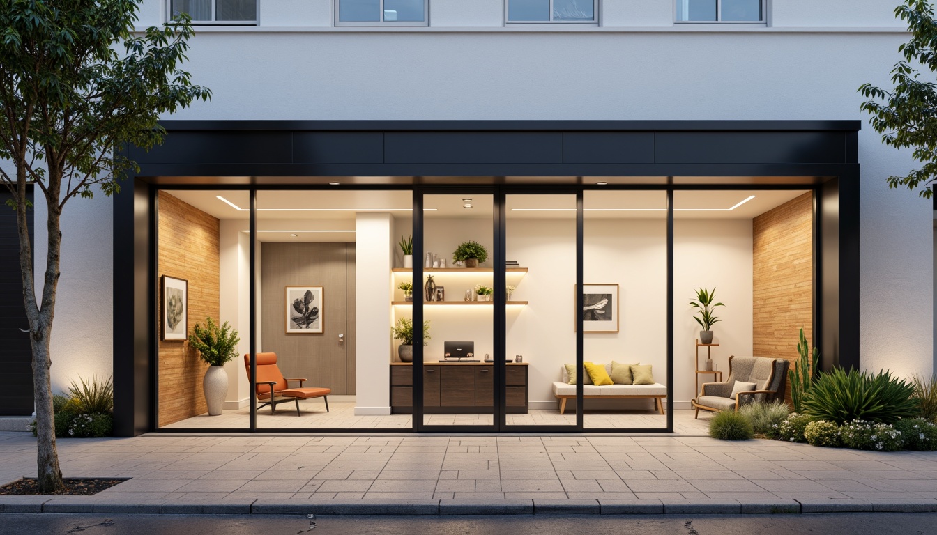 Prompt: Simple dental clinic facade, clean lines, minimal ornamentation, large glass windows, sliding doors, neutral color palette, white walls, wooden accents, subtle textures, natural stone flooring, modern LED lighting, soft warm ambiance, shallow depth of field, 1/1 composition, realistic reflections, ambient occlusion, urban cityscape, morning sunlight, gentle shadows.