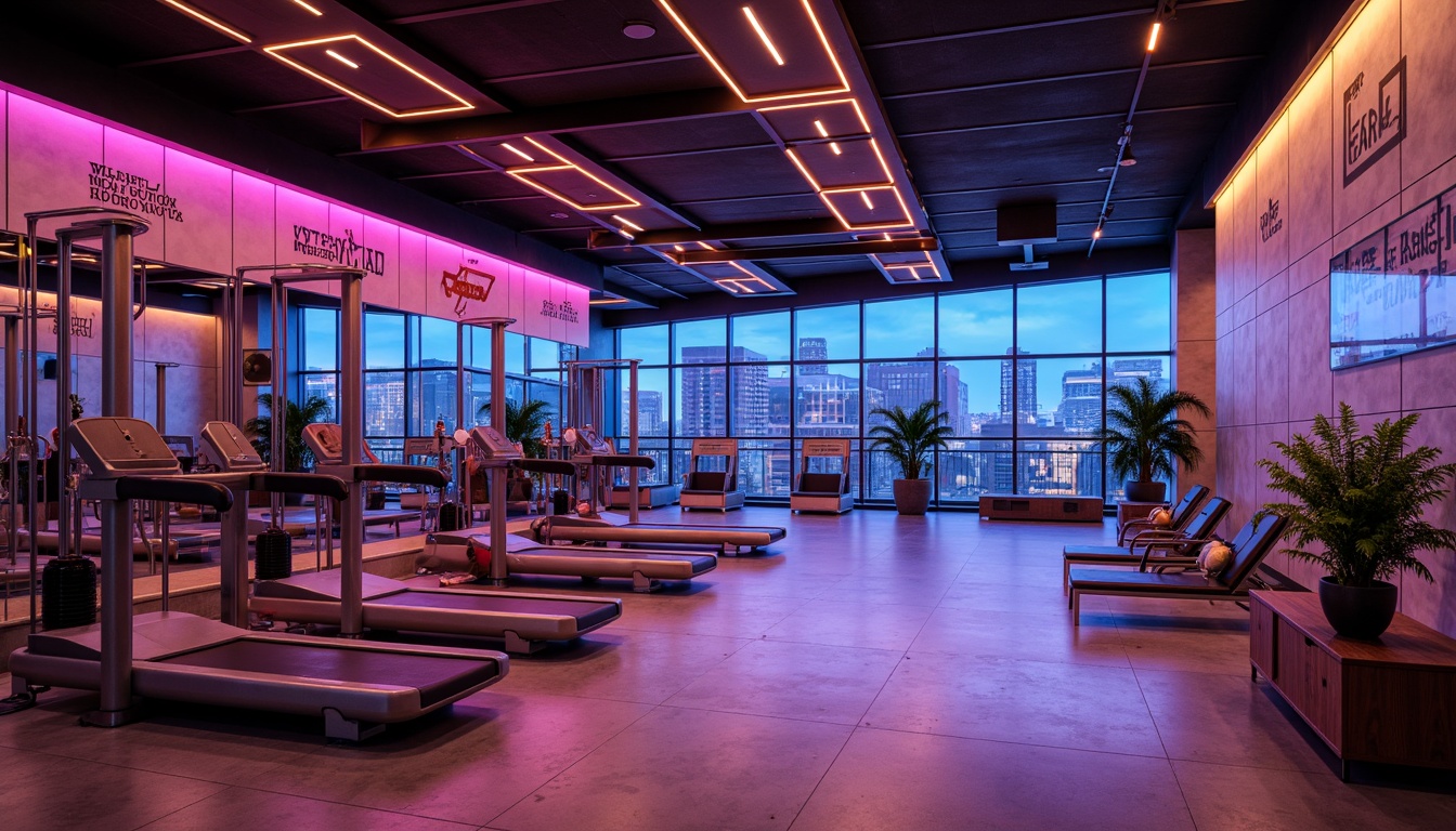 Prompt: High-ceilinged fitness club, sleek metal equipment, neon-lit LED lights, dynamic color-changing ambiance, futuristic architectural design, polished concrete floors, mirrored walls, state-of-the-art sound systems, energizing atmosphere, motivational quotes, modern minimalist decor, high-intensity workout areas, yoga and Pilates zones, relaxation lounges, floor-to-ceiling windows, natural daylight, soft warm glow, 1/2 composition, shallow depth of field, realistic textures, ambient occlusion.