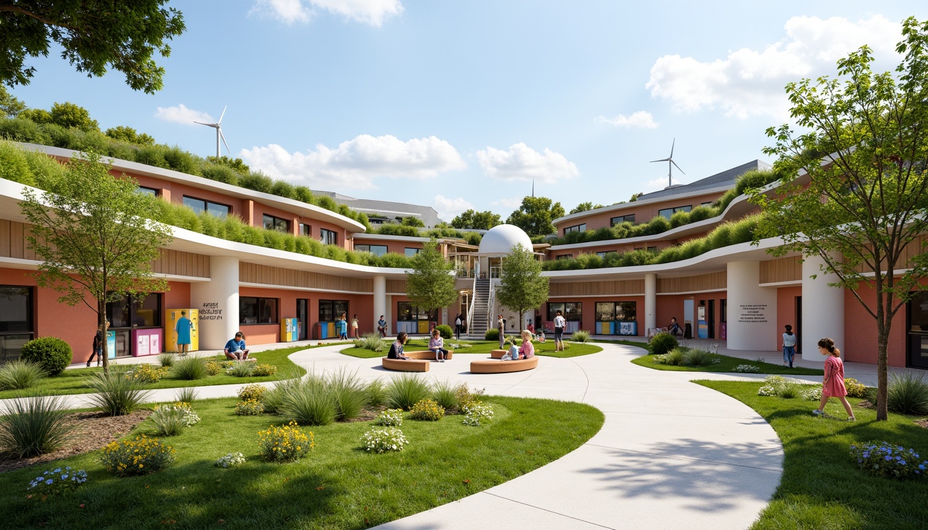 Prompt: Vibrant middle school courtyard, lush green roofs, solar panels, wind turbines, water conservation systems, eco-friendly materials, natural stone walls, curved lines, minimalist design, abundant daylight, soft warm lighting, shallow depth of field, 3/4 composition, panoramic view, realistic textures, ambient occlusion, educational murals, inspirational quotes, colorful lockers, wooden benches, modern furniture, collaborative learning spaces, flexible classrooms, interactive whiteboards, futuristic architecture, sustainable energy solutions.