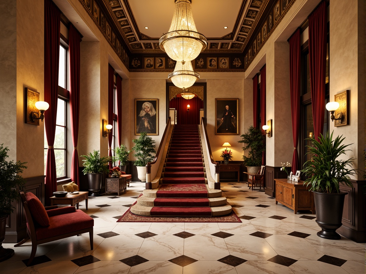 Prompt: Luxurious hotel lobby, marble floors, ornate chandeliers, grand staircase, velvet drapes, rich wood paneling, gilded frames, intricate moldings, crystal sconces, plush carpets, elegant furnishings, neoclassical architecture, symmetrical facade, Corinthian columns, arched windows, rusticated stone walls, warm golden lighting, soft focus, shallow depth of field, 2/3 composition, realistic textures, ambient occlusion.