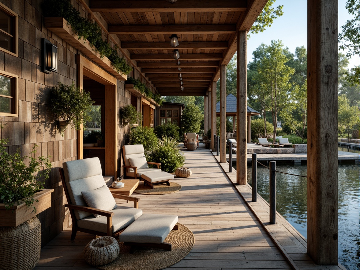 Prompt: Rustic boathouse, wooden dock, serene lake views, nautical-themed decorations, weathered wood shingles, corrugated metal roofing, asphalt shingle alternatives, solar panel integration, green roof systems, living roofs, sedum plant coverage, natural stone chimneys, cedar shake siding, wooden beam ceilings, exposed rafters, warm cozy lighting, shallow depth of field, 1/1 composition, realistic textures, ambient occlusion.