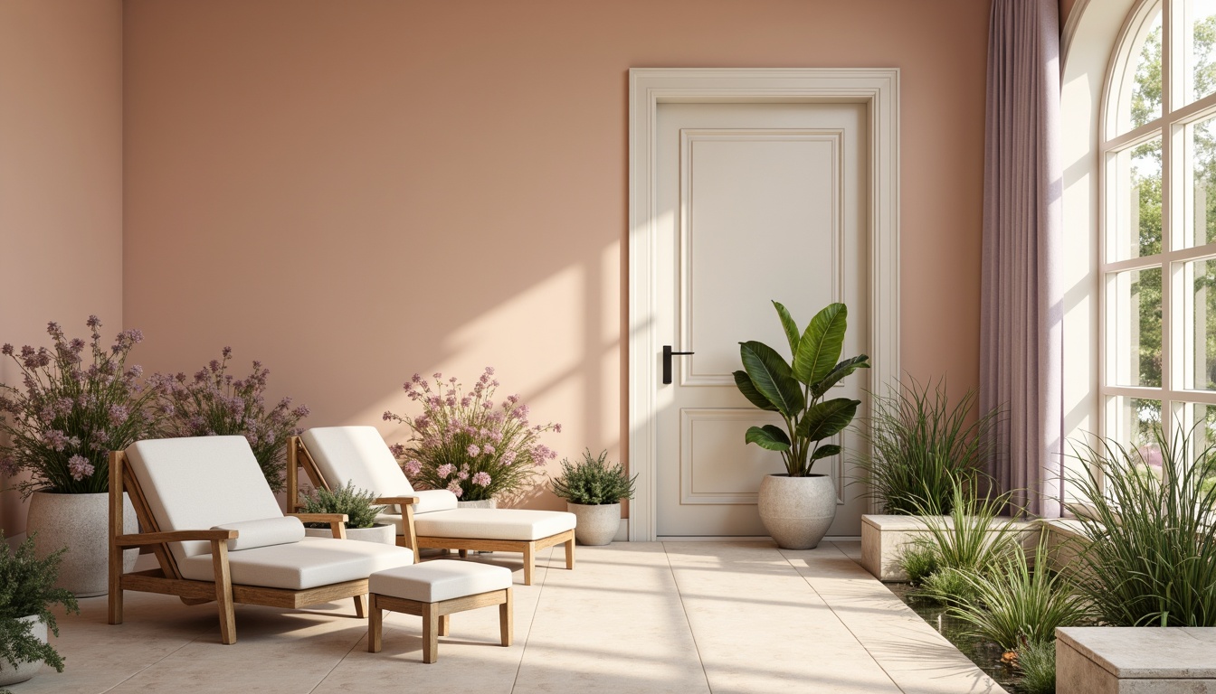 Prompt: Soft peach walls, creamy white trim, pale lavender accents, warm beige floors, natural wood furniture, lush greenery, delicate florals, gentle water features, serene ambient lighting, soft misty atmosphere, shallow depth of field, 1/1 composition, realistic textures, subtle color gradations, calming mood, peaceful ambiance.