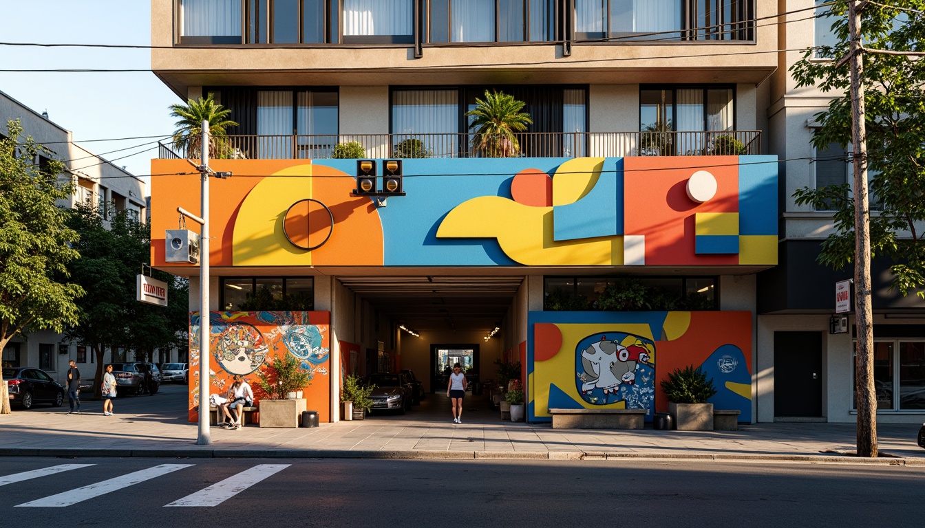 Prompt: Vibrant storefront, expressive asymmetrical facade, bold geometric shapes, bright primary colors, abstract patterns, dynamic angular lines, irregular forms, eclectic mix of materials, industrial metal accents, reclaimed wood textures, urban cityscape, bustling streets, pedestrian traffic, morning sunlight, high-contrast shadows, dramatic spotlighting, 1/2 composition, low-angle shot, gritty realistic rendering.