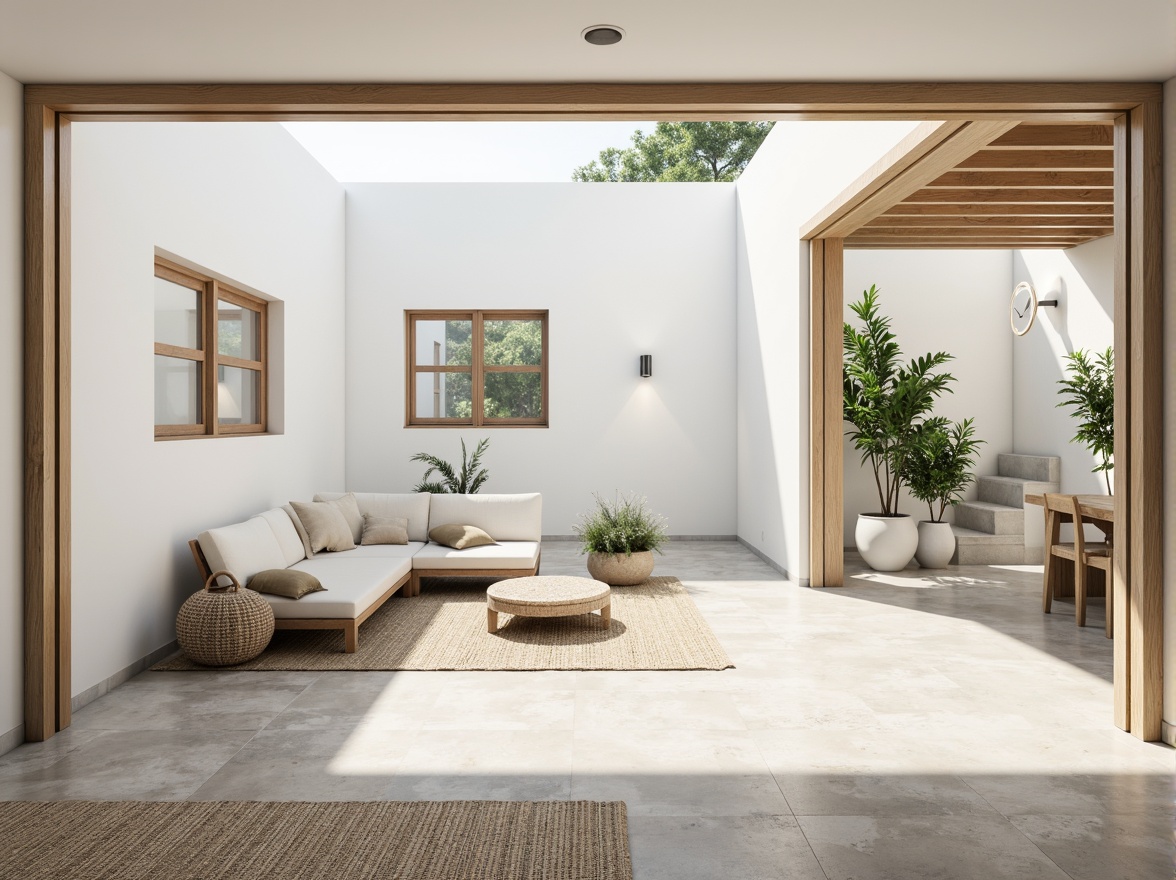 Prompt: Simple white walls, large windows, sliding glass doors, natural stone floors, minimal ornamentation, clean lines, monochromatic color scheme, abundant natural light, bright airy atmosphere, sparse greenery, potted plants, wooden accents, subtle textures, soft warm lighting, shallow depth of field, 3/4 composition, panoramic view, realistic reflections, ambient occlusion.