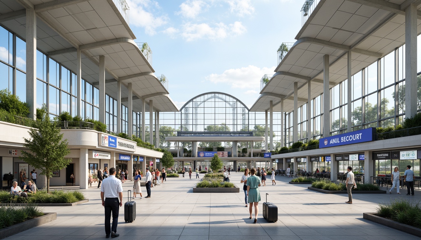 Prompt: Airport terminal building, curved rooflines, cantilevered structures, steel frames, glass facades, modern architecture, open spaces, natural light, airy atmosphere, bustling activity, passenger flow, wayfinding signage, retail areas, food courts, security checkpoints, luggage carousels, departure gates, arrival halls, baggage claim areas, airport lounges, VIP zones, green roofs, solar panels, rainwater harvesting systems, wind turbines, sustainable materials, futuristic design, angular lines, minimalist aesthetic, panoramic views, shallow depth of field, 3/4 composition, realistic textures, ambient occlusion.