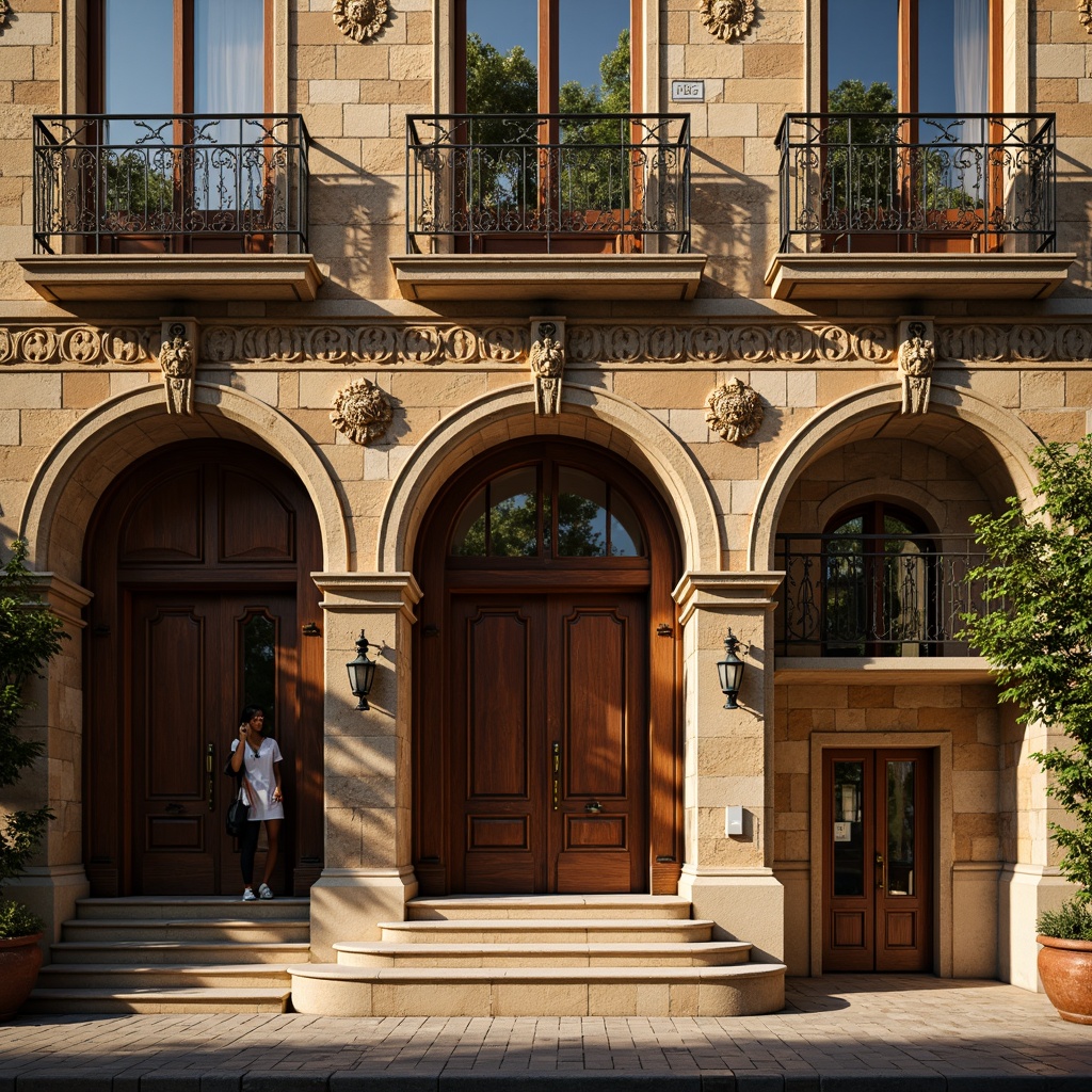 Prompt: Renaissance-style hostel facade, ornate stone carvings, grand archways, rustic wooden doors, vintage metal lanterns, intricate stonework patterns, warm golden lighting, soft afternoon sun, shallow depth of field, 1/2 composition, symmetrical architecture, richly textured walls, decorative cornices, elegant balconies, ornamental railings, classic European-inspired design, earthy color palette, aged stone textures, subtle weathering effects.