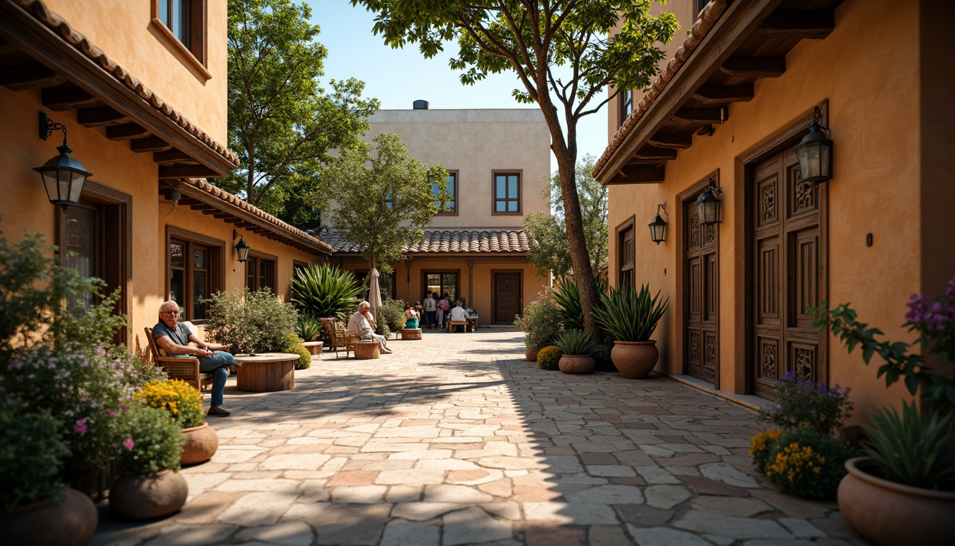 Prompt: Rustic village setting, earthy tones, natural stone walls, wooden beams, clay tile roofs, ornate doorways, intricate carvings, vibrant textiles, colorful ceramics, lush greenery, blooming flowers, rustic lanterns, warm soft lighting, shallow depth of field, 1/1 composition, realistic textures, ambient occlusion.