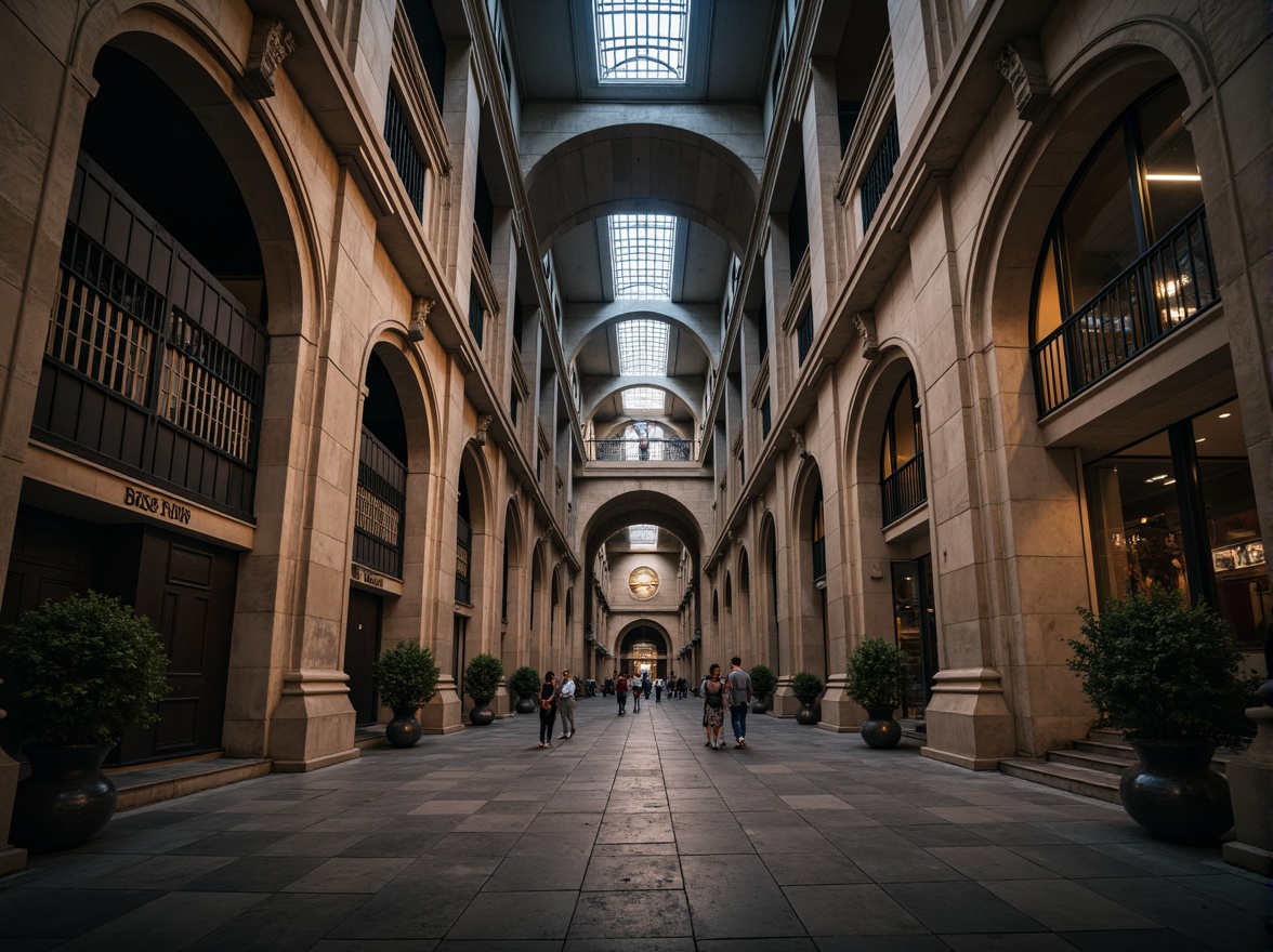 Prompt: Monumental buildings, imposing structures, robust columns, sturdy arches, grand entrances, ornate facades, symmetrical compositions, classical proportions, harmonious massing, balanced forms, natural stone materials, rough-hewn textures, earthy color palette, dramatic lighting effects, deep shadows, atmospheric perspective, 1/2 composition, low-angle view, cinematic mood.