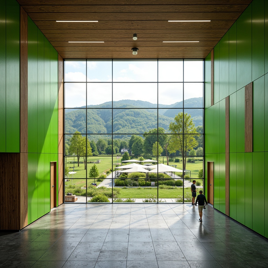 Prompt: Vibrant gymnasium interior, lush green walls, natural stone flooring, wooden accents, floor-to-ceiling windows, abundant daylight, panoramic views, outdoor landscape integration, rolling hills, verdant meadows, serene water features, walking trails, athletic tracks, sports equipment, modern architecture, minimalist design, eco-friendly materials, sustainable energy solutions, solar panels, shaded outdoor spaces, misting systems, realistic textures, ambient occlusion, shallow depth of field, 3/4 composition.