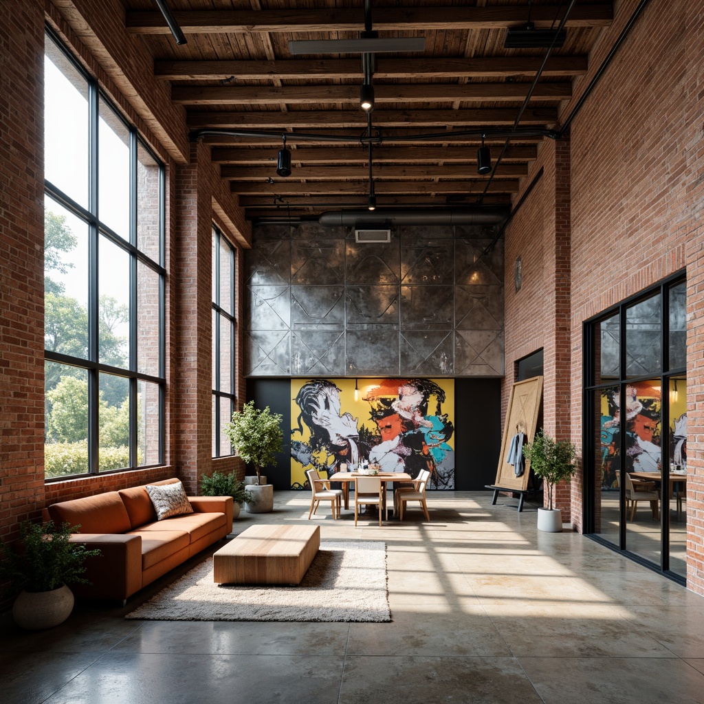 Prompt: Exposed brick walls, industrial metal beams, reclaimed wood accents, large glass windows, minimalist decor, urban loft atmosphere, international warehouse style, modern creative facade design, bold color blocking, geometric patterned steel panels, abstract graffiti murals, edgy architectural lines, functional interior spaces, open floor plans, high ceilings, natural light pouring in, soft warm ambiance, shallow depth of field, 3/4 composition, realistic textures, ambient occlusion.