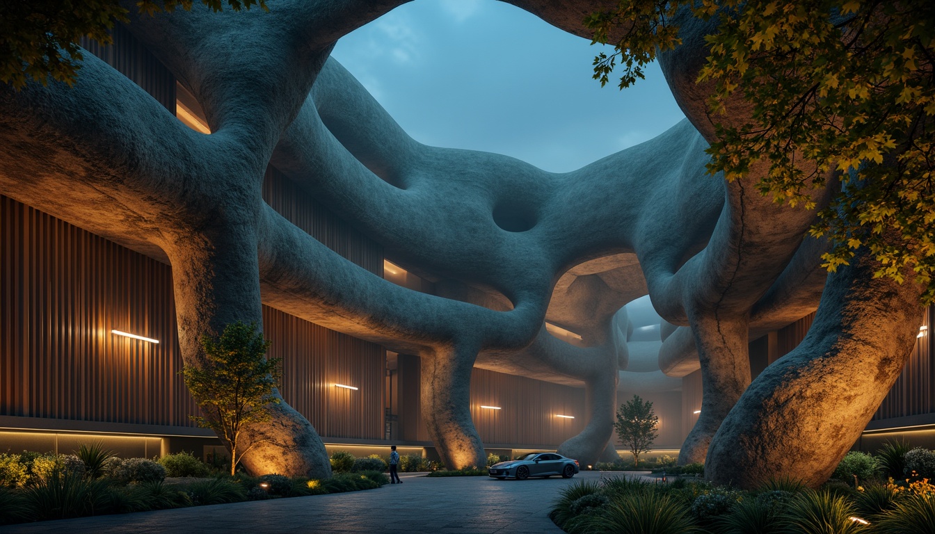 Prompt: Curved blob-like structures, irregular shapes, amoeba-inspired forms, soft rounded edges, fluidic architecture, natural materials, earthy tones, moss-covered walls, wooden accents, organic textures, wavy lines, abstract patterns, futuristic ambiance, neon-lit nighttime scene, misty atmosphere, shallow depth of field, 1/1 composition, cinematic lighting, realistic renderings, ambient occlusion.