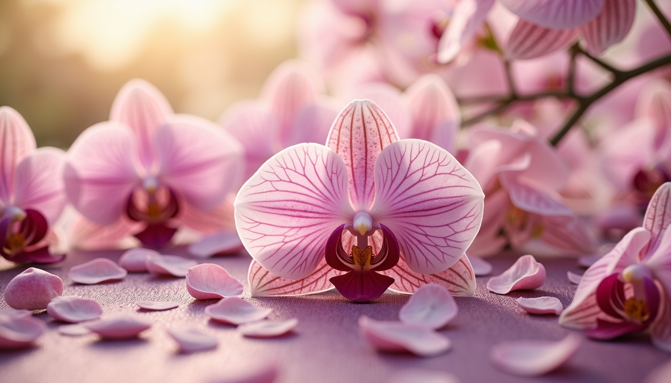 Prompt: Exquisite orchid-inspired color palette, soft pastel hues, delicate petals, subtle sheen, luxurious fabrics, velvety textures, whimsical patterns, elegant florals, refined lines, sophisticated ambiance, warm golden lighting, shallow depth of field, 1/1 composition, realistic renderings, ambient occlusion.