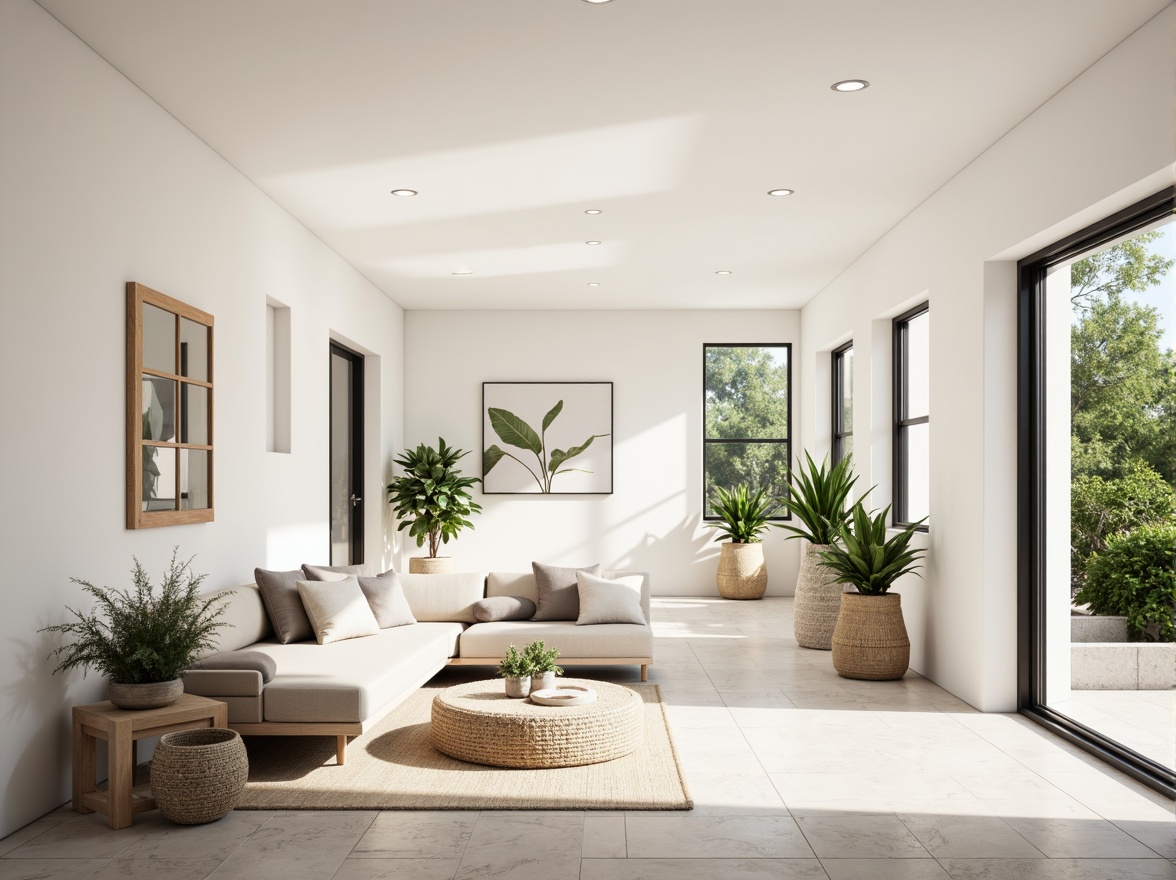 Prompt: Simple white walls, large windows, sliding glass doors, natural stone floors, minimal ornamentation, clean lines, monochromatic color scheme, abundant natural light, bright airy atmosphere, sparse greenery, potted plants, wooden accents, subtle textures, soft warm lighting, shallow depth of field, 3/4 composition, panoramic view, realistic reflections, ambient occlusion.