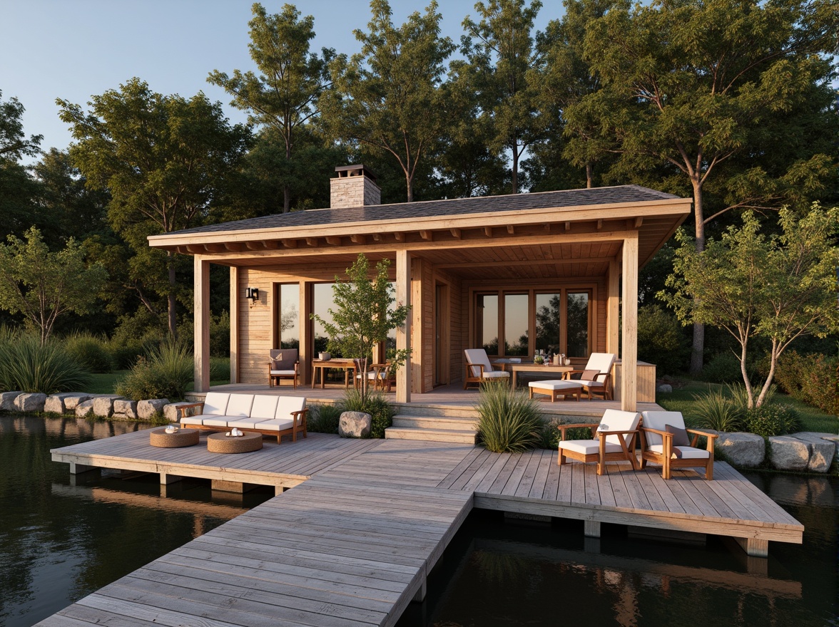 Prompt: Rustic boathouse, wooden dock, serene lake views, nautical-themed decorations, weathered wood shingles, corrugated metal roofing, asphalt shingle alternatives, solar panel integration, green roof systems, living roofs, sedum plant coverage, natural stone chimneys, cedar shake siding, wooden beam ceilings, exposed rafters, warm cozy lighting, shallow depth of field, 1/1 composition, realistic textures, ambient occlusion.