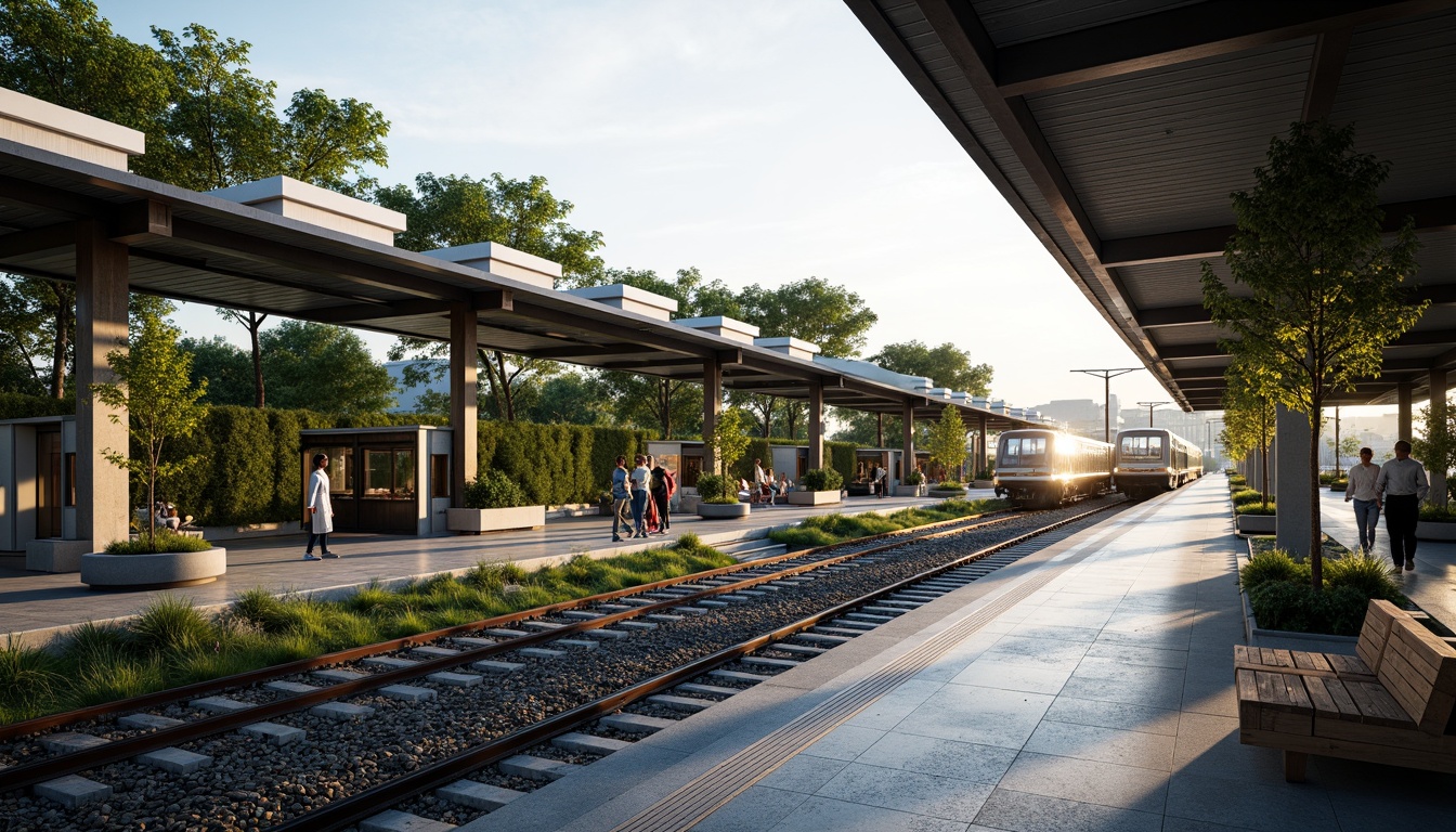 Prompt: Modern train station, sleek glass roofs, rainwater harvesting systems, green walls, lush vegetation, natural stone flooring, stainless steel handrails, efficient drainage networks, water-saving appliances, grey water reuse systems, flood-resistant design, elevated platforms, cantilevered canopies, soft warm lighting, shallow depth of field, 3/4 composition, panoramic view, realistic textures, ambient occlusion.