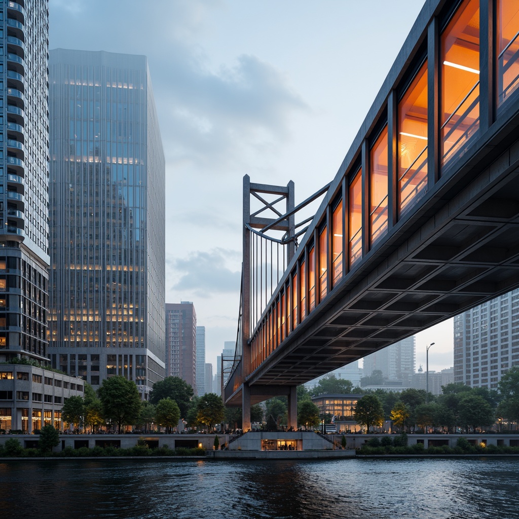 Prompt: Modern bridge, sleek metal structures, bold angular lines, vibrant color scheme, neon lights, urban cityscape, misty morning atmosphere, soft warm lighting, shallow depth of field, 3/4 composition, panoramic view, realistic textures, ambient occlusion, silver-gray steel beams, bright orange accents, deep blue railings, gleaming white pedestrian paths, lush greenery surroundings, calm river waters, sunny day, dramatic cloud formations.