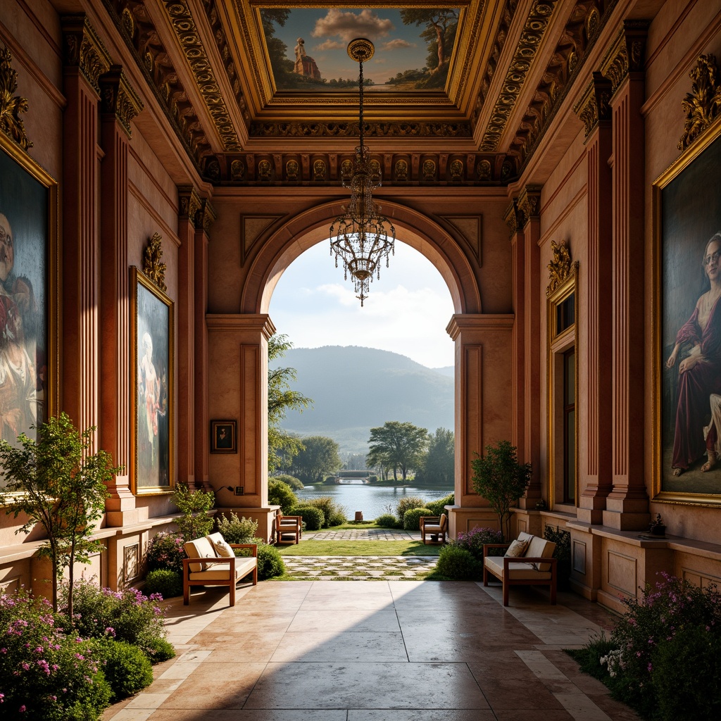 Prompt: Grand Renaissance-style gallery, ornate golden frames, lavish velvet drapes, marble floors, crystal chandeliers, majestic stone columns, intricate fresco ceilings, soft warm lighting, shallow depth of field, 3/4 composition, panoramic view, realistic textures, ambient occlusion, serene natural landscape, rolling hills, lush greenery, vibrant flowers, tranquil lake, misty morning, warm sunlight, gentle breeze, rustic wooden benches, meandering stone pathways.