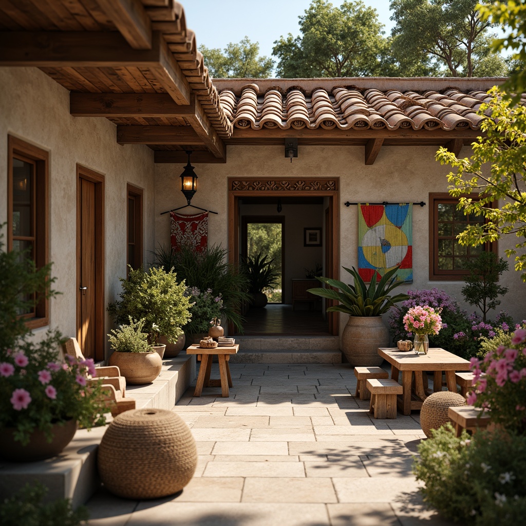 Prompt: Rustic village setting, earthy tones, natural stone walls, wooden beams, clay tile roofs, ornate doorways, intricate carvings, vibrant textiles, colorful ceramics, lush greenery, blooming flowers, rustic lanterns, warm soft lighting, shallow depth of field, 1/1 composition, realistic textures, ambient occlusion.