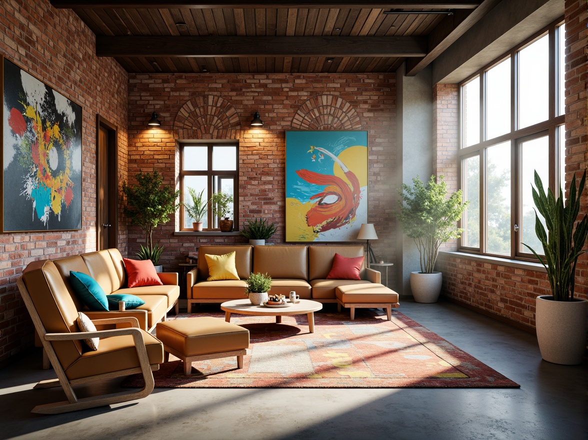 Prompt: Vibrant art studio, eclectic furniture, abstract artwork, bold color blocking, contrasting textures, modern industrial architecture, exposed brick walls, polished concrete floors, reclaimed wood accents, natural light pouring in, soft warm glow, atmospheric mist, shallow depth of field, 1/1 composition, realistic renderings, ambient occlusion.