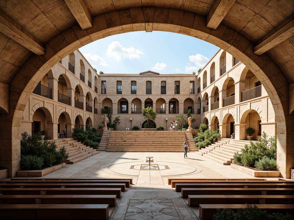 Prompt: Grand amphitheater, Romanesque architecture, tiered seating arrangement, ornate stone carvings, curved archways, majestic columns, warm golden lighting, soft shadows, comfortable cushioned seats, elegant wooden benches, intricate mosaic patterns, ancient-inspired sculptures, lush greenery, sunny afternoon, shallow depth of field, 1/2 composition, symmetrical framing, realistic textures, ambient occlusion.