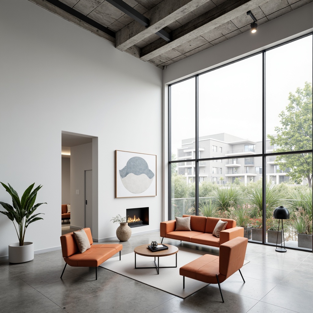 Prompt: Simple white walls, clean lines, industrial materials, functional furniture, open floor plans, large windows, natural light, minimal ornamentation, geometric shapes, primary color accents, steel beams, concrete floors, minimalist decor, sparse greenery, urban landscape, overcast sky, soft diffused lighting, shallow depth of field, 1/1 composition, realistic textures, ambient occlusion.