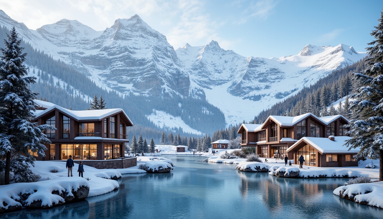 Prompt: Snow-capped mountains, frosty pine trees, frozen lakes, ski lifts, mountainous terrain, modern ski center architecture, wooden chalets, stone walls, sloping roofs, large windows, panoramic views, cozy fireplaces, rustic interior design, warm lighting, snowflake patterns, icy blue color scheme, winter sports equipment, ski racks, snowy pathways, frozen waterfalls, misty atmosphere, shallow depth of field, 1/2 composition, realistic textures, ambient occlusion.