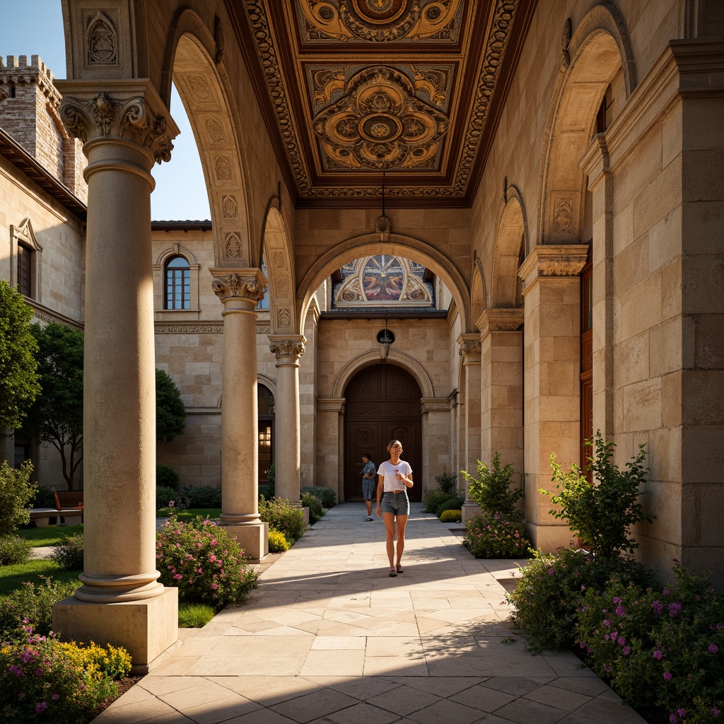 Prompt: Grandiose entrance, ancient Romanesque architecture, ornate stone carvings, majestic archways, imposing columns, intricate mosaics, warm golden lighting, shallow depth of field, 1/1 composition, symmetrical framing, dramatic shadows, rustic stone walls, lush greenery, blooming flowers, sunny day, soft warm atmosphere, ambient occlusion.