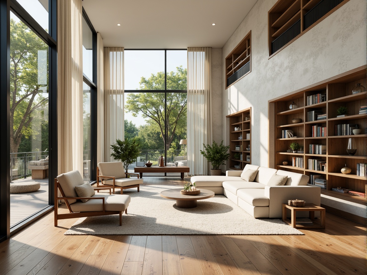 Prompt: Open-plan living space, minimalist decor, natural light pouring in, floor-to-ceiling windows, sleek wooden floors, modern furniture, geometric shapes, functional zones, efficient circulation paths, harmonious color scheme, textured walls, cozy reading nooks, built-in shelving units, ambient lighting, 1/1 composition, shallow depth of field, realistic renderings, atmospheric perspective.